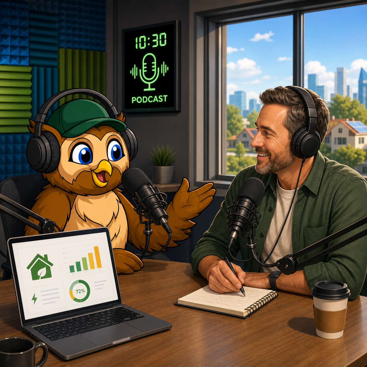 Modern Radio Studio with Wise Owl Discussing Energy Efficiency